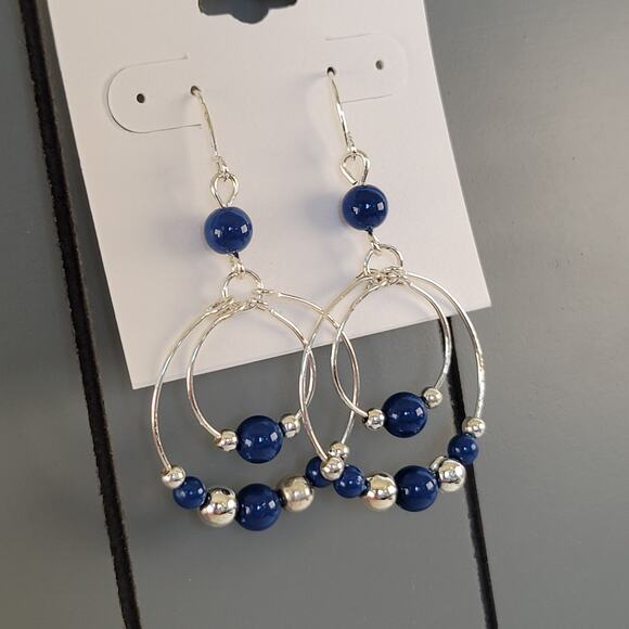 Croft & Barrow Hoop Dangle Earrings Navy Blue Silver Beads 2.04in, Free Gift Bag - Picture 6 of 6